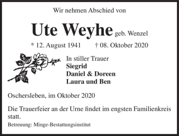 Traueranzeige von Ute Weyhe (geb. Wenzel)  von Magdeburger Volksstimme