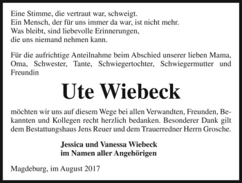 Traueranzeige von Ute Wiebeck  von Magdeburger Volksstimme