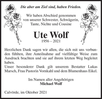 Traueranzeige von Ute Wolf  von Magdeburger Volksstimme