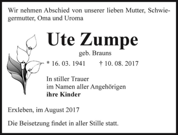 Traueranzeige von Ute Zumpe (geb. Brauns)  von Magdeburger Volksstimme