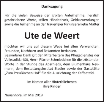 Traueranzeige von Ute de Weert  von Magdeburger Volksstimme