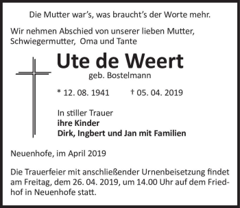 Traueranzeige von Ute de Weert (geb. Bostelmann)  von Magdeburger Volksstimme