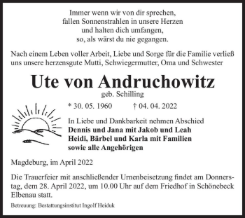 Traueranzeige von Ute von Andruchowitz (geb. Schilling)  von Magdeburger Volksstimme