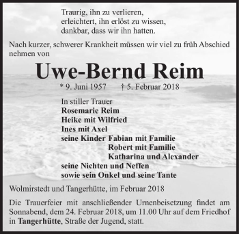 Traueranzeige von Uwe-Bernd Reim  von Magdeburger Volksstimme