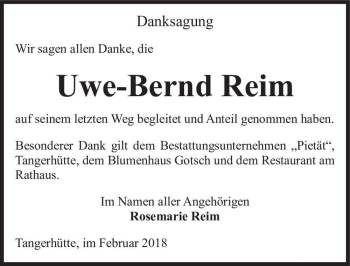 Traueranzeige von Uwe-Bernd Reim  von Magdeburger Volksstimme