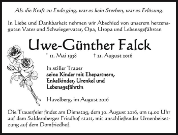 Traueranzeige von Uwe-Günther Falck  von Magdeburger Volksstimme