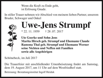 Traueranzeige von Uwe-Jens Strumpf  von Magdeburger Volksstimme