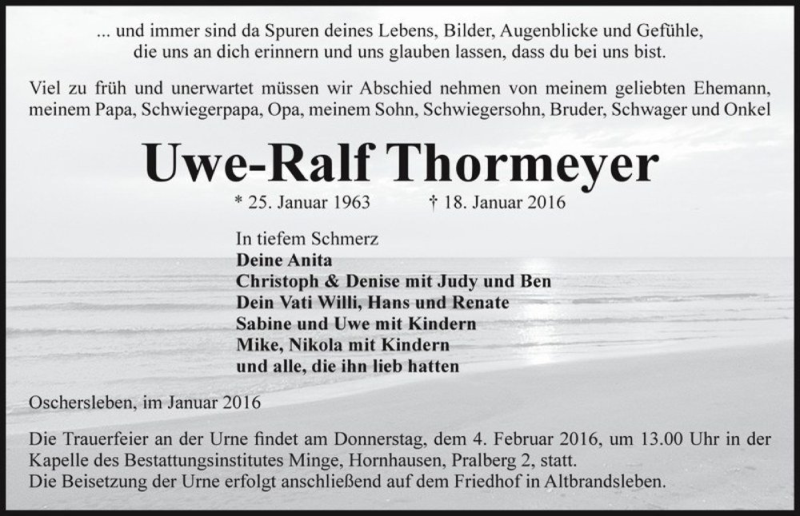  Traueranzeige für Uwe-Ralf Thormeyer  vom 23.01.2016 aus Magdeburger Volksstimme