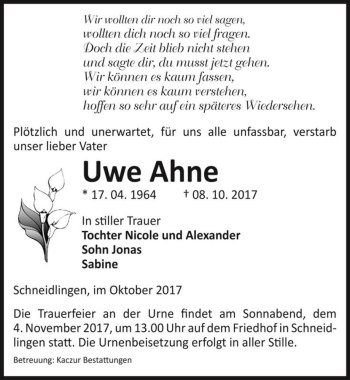 Traueranzeige von Uwe Ahne  von Magdeburger Volksstimme