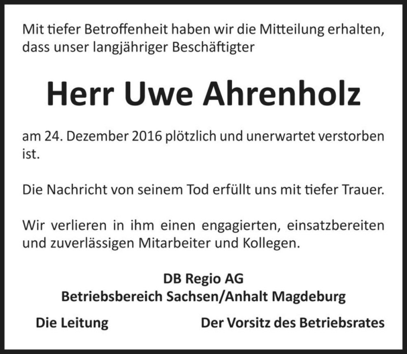  Traueranzeige für Uwe Ahrenholz  vom 07.01.2017 aus Magdeburger Volksstimme