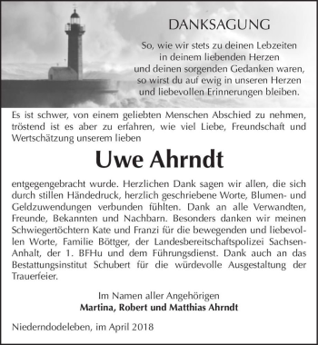Traueranzeige von Uwe Ahrndt  von Magdeburger Volksstimme