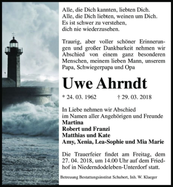 Traueranzeige von Uwe Ahrndt  von Magdeburger Volksstimme