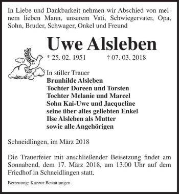 Traueranzeige von Uwe Alsleben  von Magdeburger Volksstimme