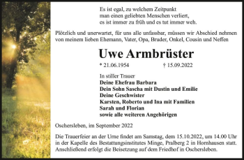Traueranzeige von Uwe Armbrüster  von Magdeburger Volksstimme