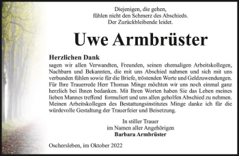 Traueranzeige von Uwe Armbrüster  von Magdeburger Volksstimme