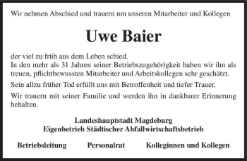 Traueranzeige von Uwe Baier  von Magdeburger Volksstimme