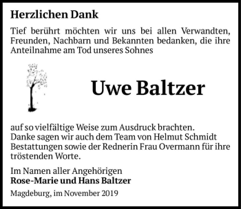 Traueranzeige von Uwe Baltzer  von Magdeburger Volksstimme