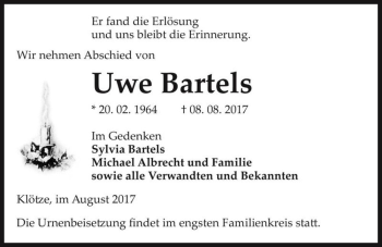 Traueranzeige von Uwe Bartels  von Magdeburger Volksstimme