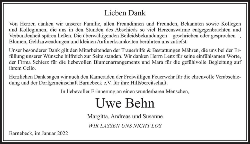 Traueranzeige für Uwe Behn  vom 11.01.2022 aus Magdeburger Volksstimme