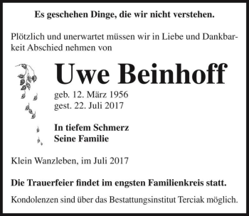 Traueranzeige von Uwe Beinhoff  von Magdeburger Volksstimme