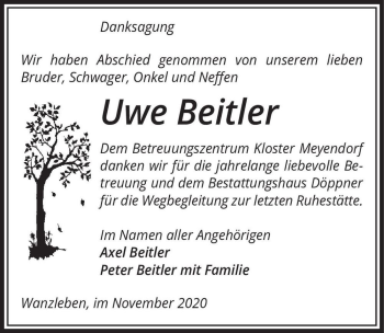 Traueranzeige von Uwe Beitler  von Magdeburger Volksstimme
