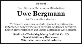 Traueranzeige von Uwe Bergmann  von Magdeburger Volksstimme