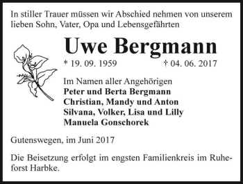 Traueranzeige von Uwe Bergmann  von Magdeburger Volksstimme