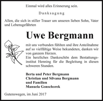 Traueranzeige von Uwe Bergmann  von Magdeburger Volksstimme