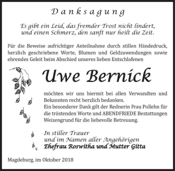 Traueranzeige von Uwe Bernick  von Magdeburger Volksstimme