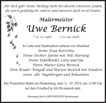 Traueranzeige von Uwe Bernick  von Magdeburger Volksstimme