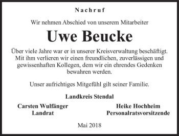 Traueranzeige von Uwe Beucke  von Magdeburger Volksstimme