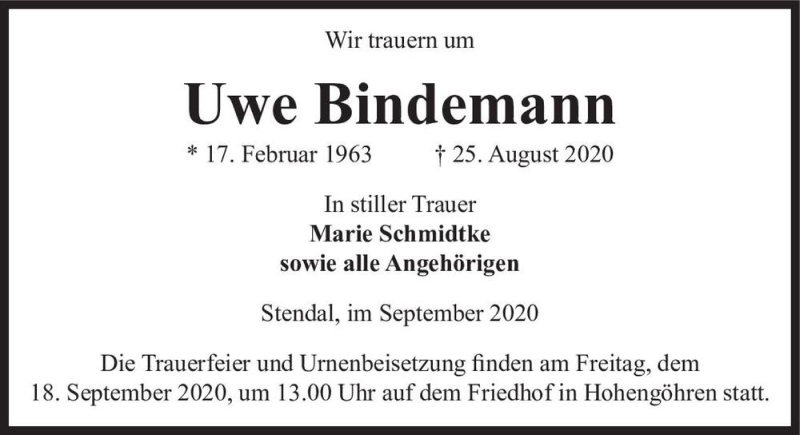  Traueranzeige für Uwe Bindemann  vom 11.09.2020 aus Magdeburger Volksstimme