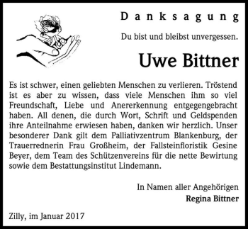 Traueranzeige von Uwe Bittner  von Magdeburger Volksstimme
