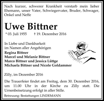 Traueranzeige von Uwe Bittner  von Magdeburger Volksstimme