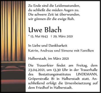 Traueranzeige von Uwe Blach  von Magdeburger Volksstimme