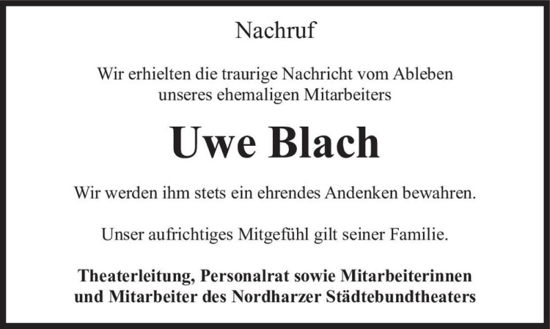  Traueranzeige für Uwe Blach  vom 10.04.2021 aus Magdeburger Volksstimme