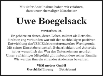Traueranzeige von Uwe Boegelsack  von Magdeburger Volksstimme
