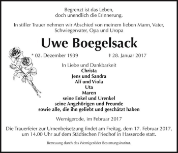 Traueranzeige von Uwe Boegelsack  von Magdeburger Volksstimme