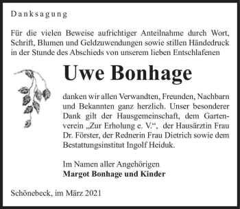 Traueranzeige von Uwe Bohnhage  von Magdeburger Volksstimme