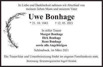 Traueranzeige von Uwe Bonhage  von Magdeburger Volksstimme