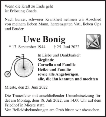 Traueranzeige von Uwe Bonig  von Magdeburger Volksstimme