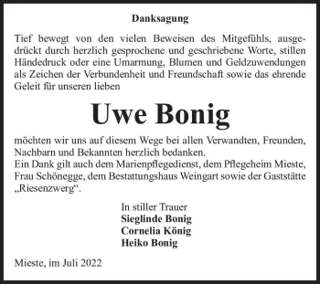 Traueranzeige von Uwe Bonig  von Magdeburger Volksstimme