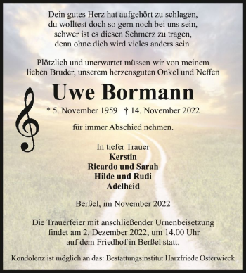 Traueranzeige von Uwe Bormann  von Magdeburger Volksstimme