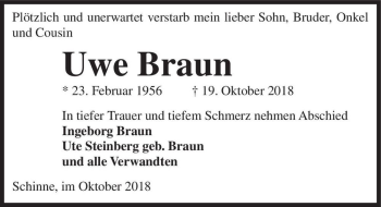 Traueranzeige von Uwe Braun  von Magdeburger Volksstimme