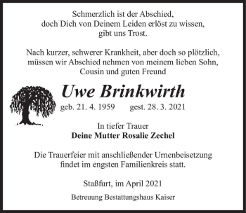 Traueranzeige von Uwe Brinkwirth  von Magdeburger Volksstimme