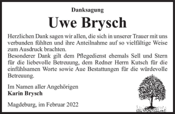 Traueranzeige von Uwe Brysch  von Magdeburger Volksstimme