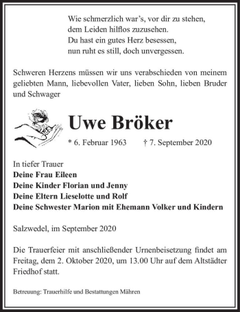 Traueranzeige von Uwe Bröker  von Magdeburger Volksstimme