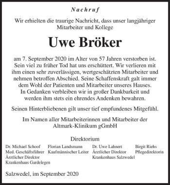 Traueranzeige von Uwe Bröker  von Magdeburger Volksstimme