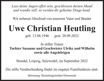 Traueranzeige von Uwe Christian Heutling  von Magdeburger Volksstimme