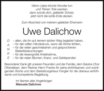 Traueranzeige von Uwe Dalichow  von Magdeburger Volksstimme